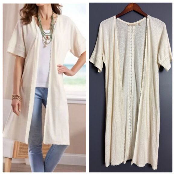Soft Surroundings Linen Cotton Open Front Duster Long Line Cardigan Sweater XS - Picture 1 of 16